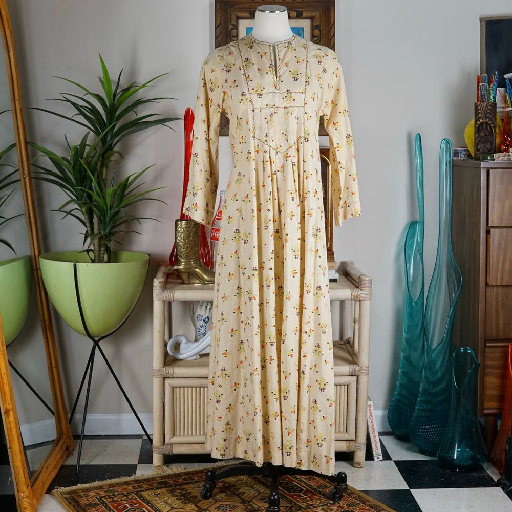 Vintage 70s midi maxi flower pot bell sleeve cotton dress S/M